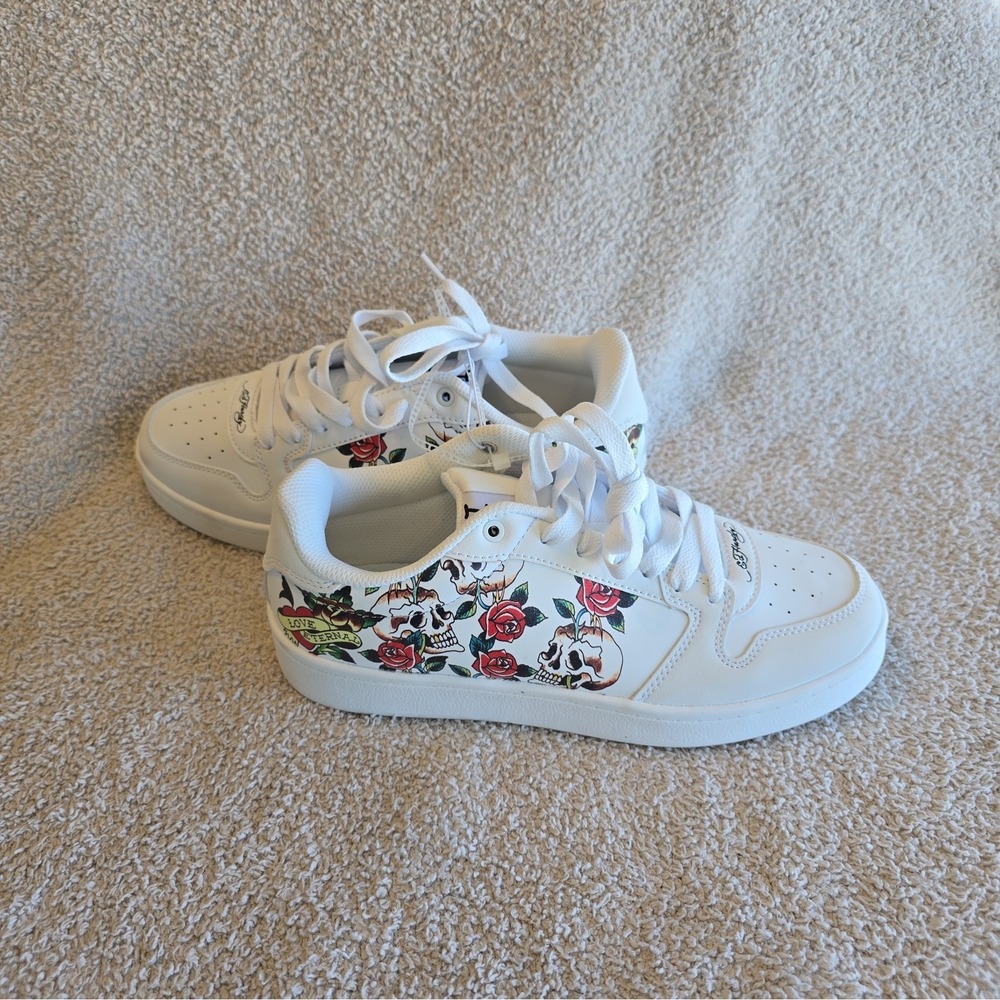 Ed Hardy Women's Court-T White Sneakers Skull Rose Tattoo Graphics Sz 10 New